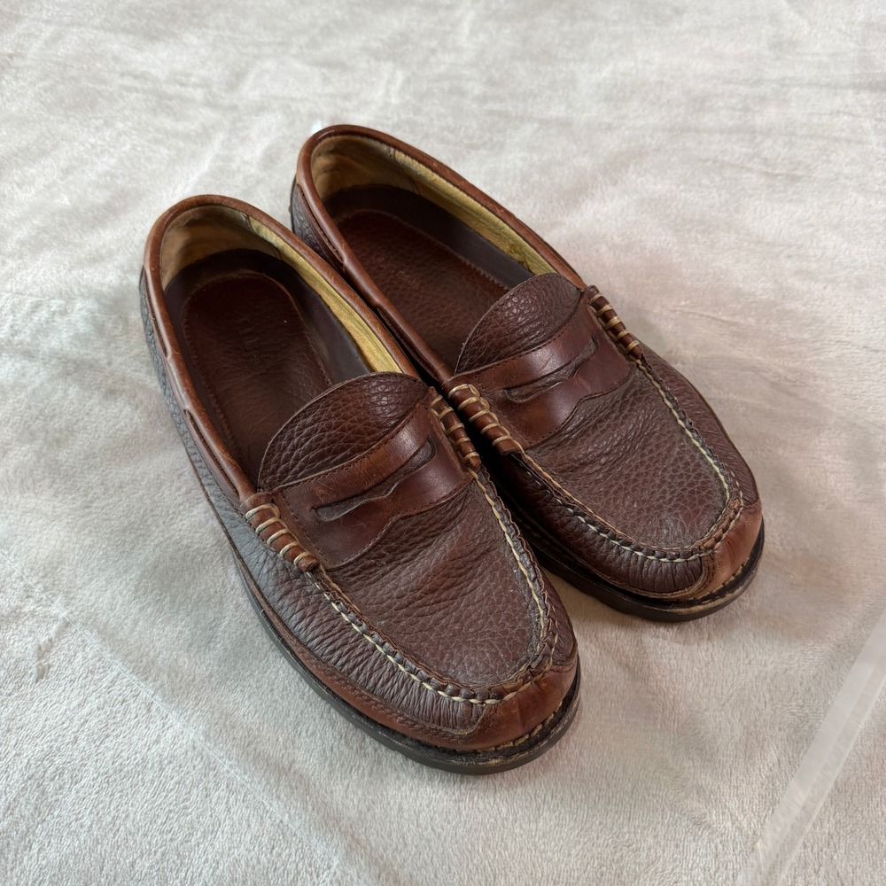 LL Bean Mens 9 D Brown Pebbled Leather Penny Loafers Lug Sole 244478 Casual EUC